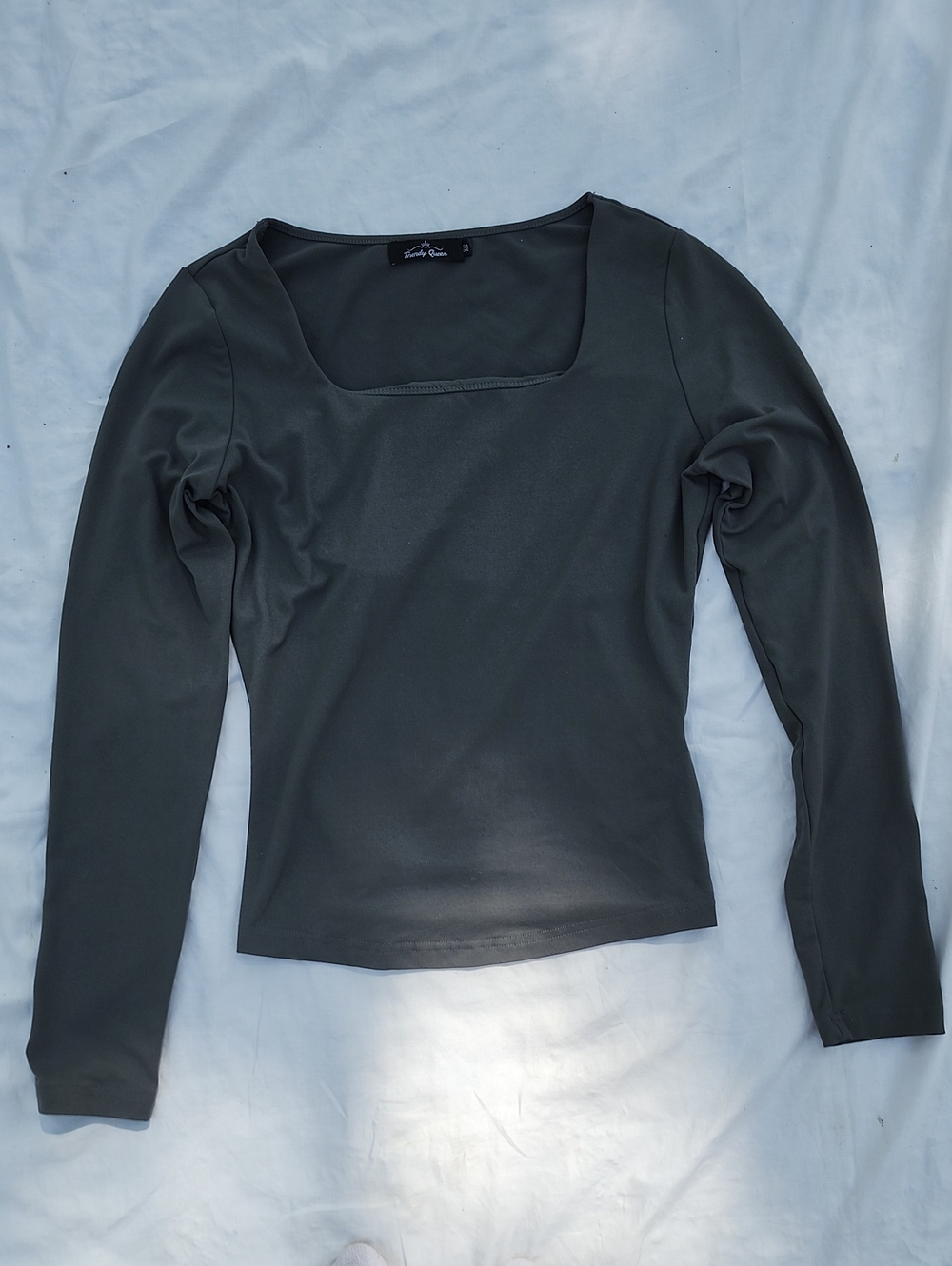 Trendy Queen Tight Long Sleeve Square Neck Top - Olive Gray, Size XS